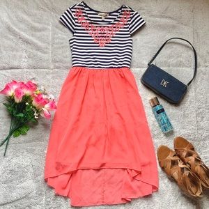 Blue Striped Dress With Pink Flowy Skirt